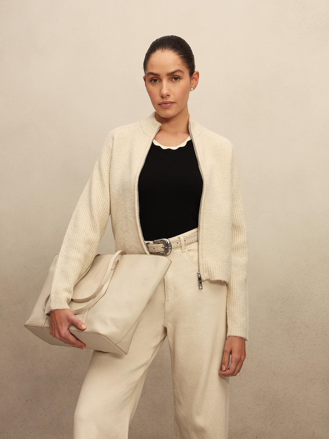 High Neck Zip Cardigan - Beige