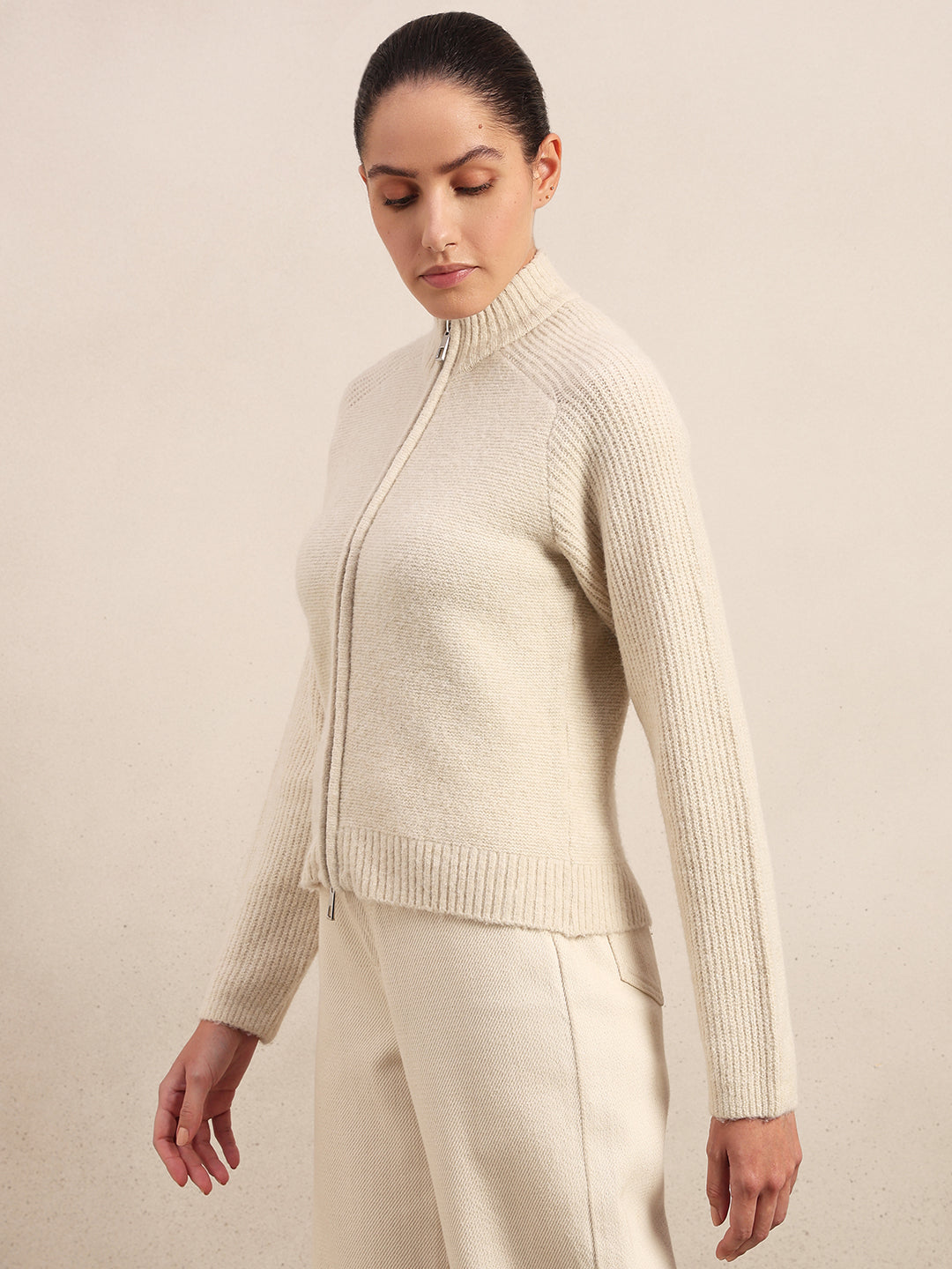 High Neck Zip Cardigan - Beige