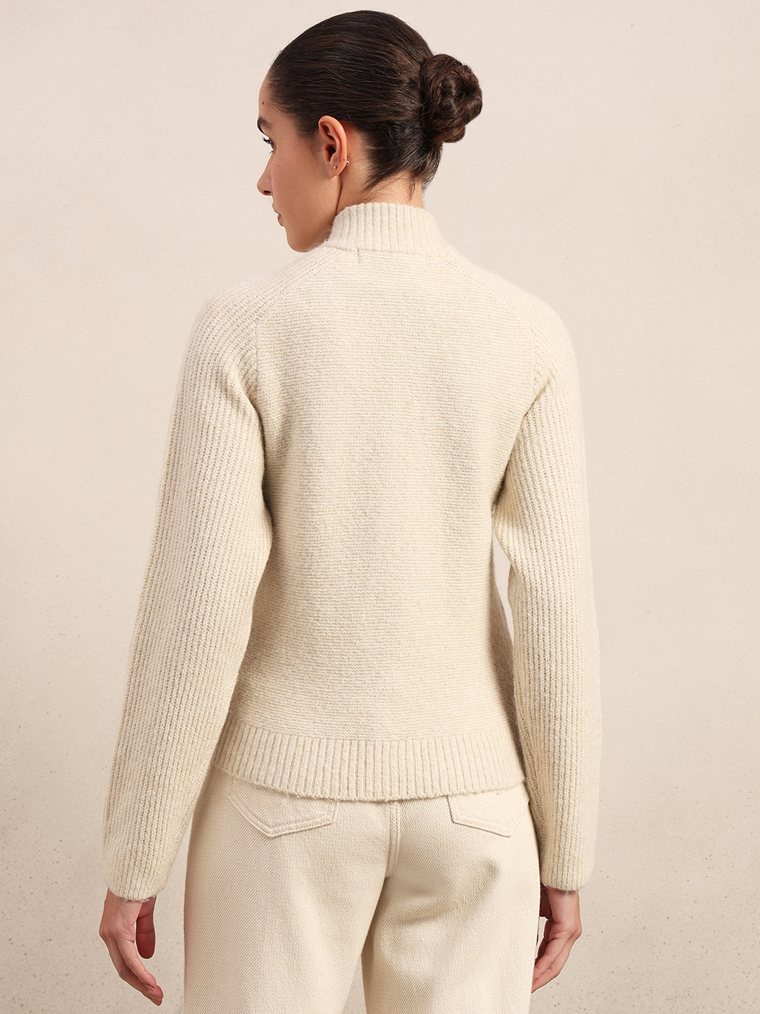 High Neck Zip Cardigan - Beige