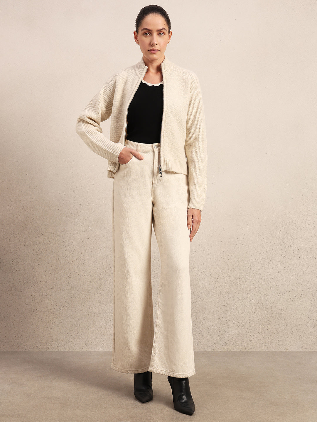 High Neck Zip Cardigan - Beige