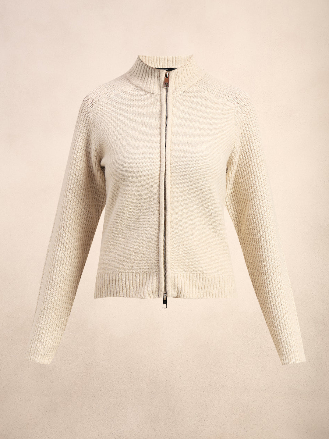 High Neck Zip Cardigan - Beige