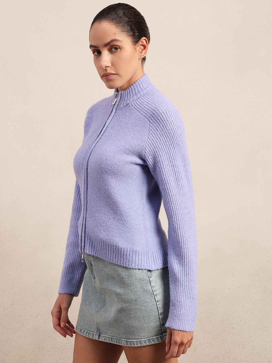 High Neck Zip Cardigan - Purple