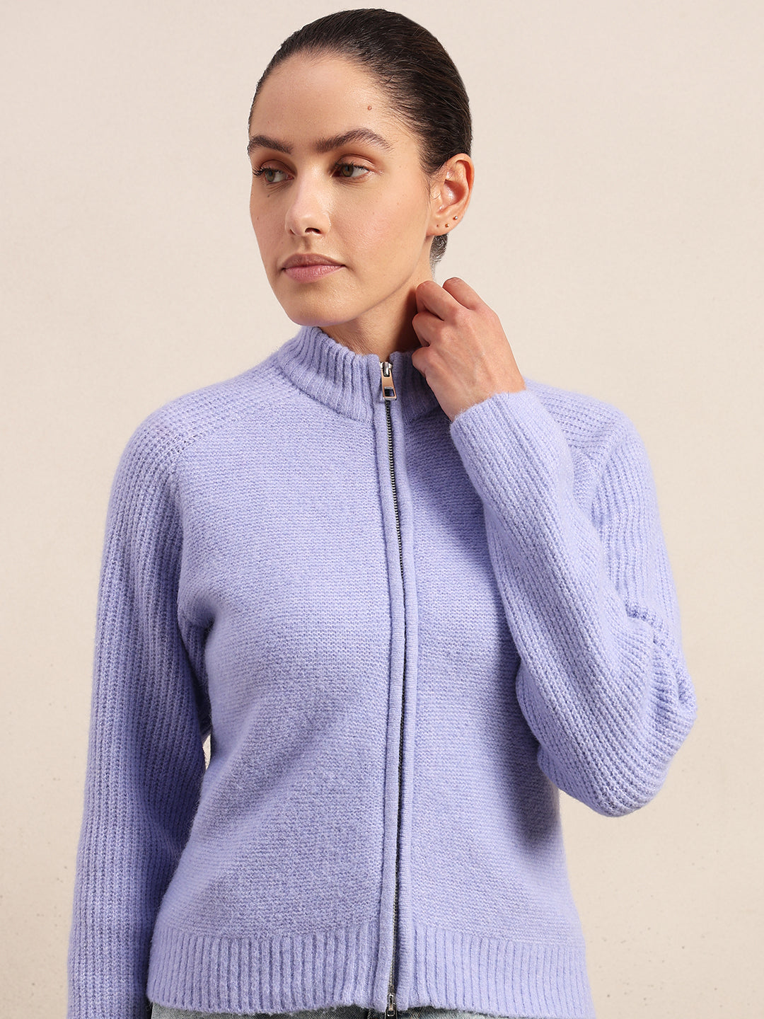 High Neck Zip Cardigan - Purple