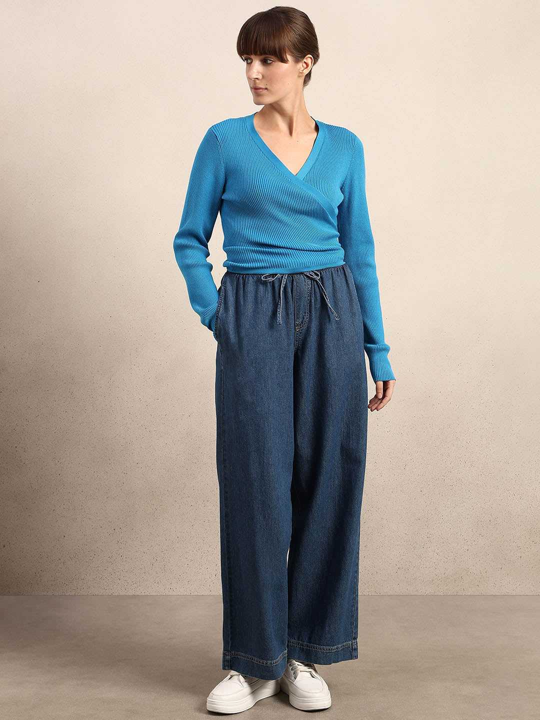 Blue Ribbed Wrap Knit Cardigan