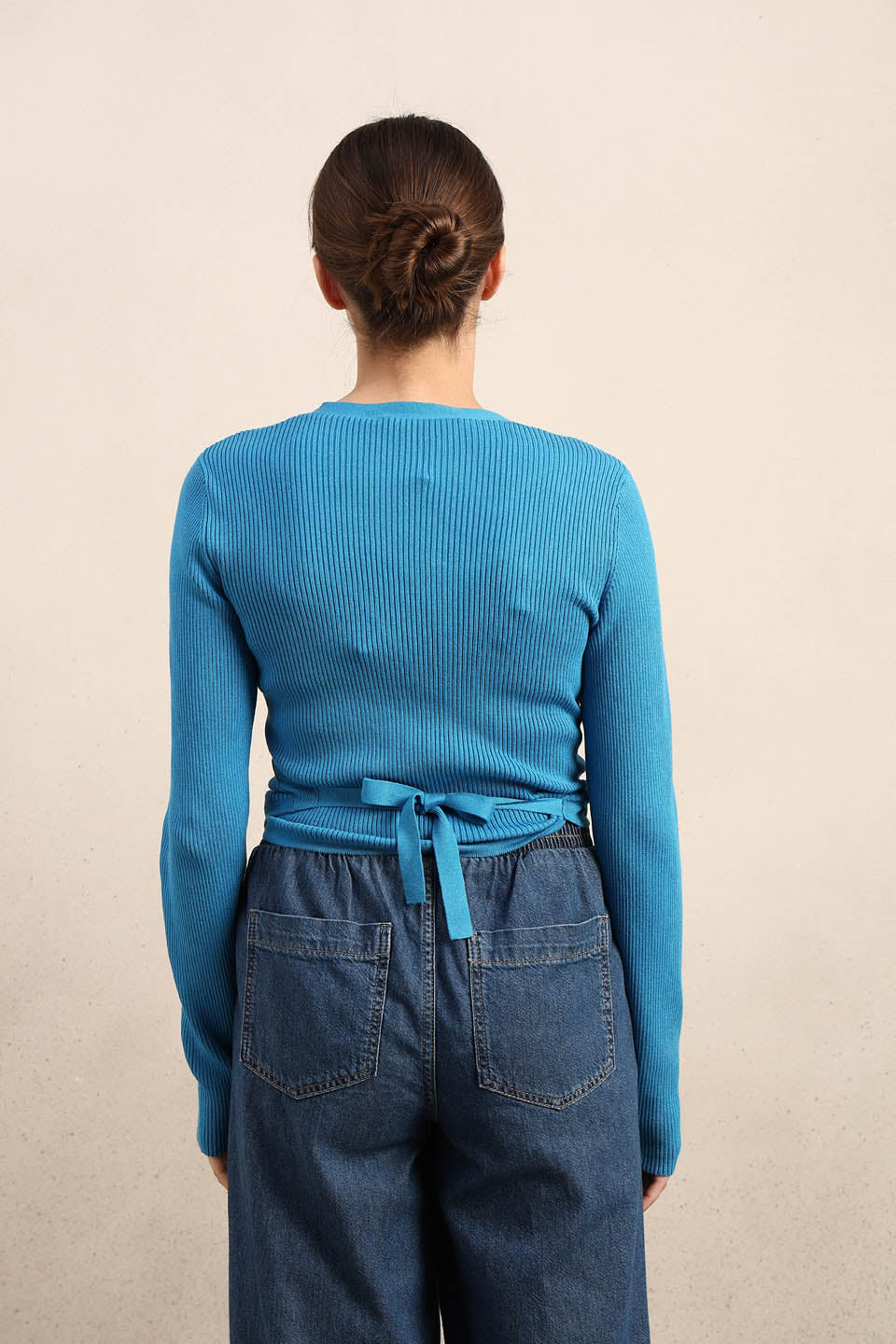 Blue Ribbed Wrap Knit Cardigan