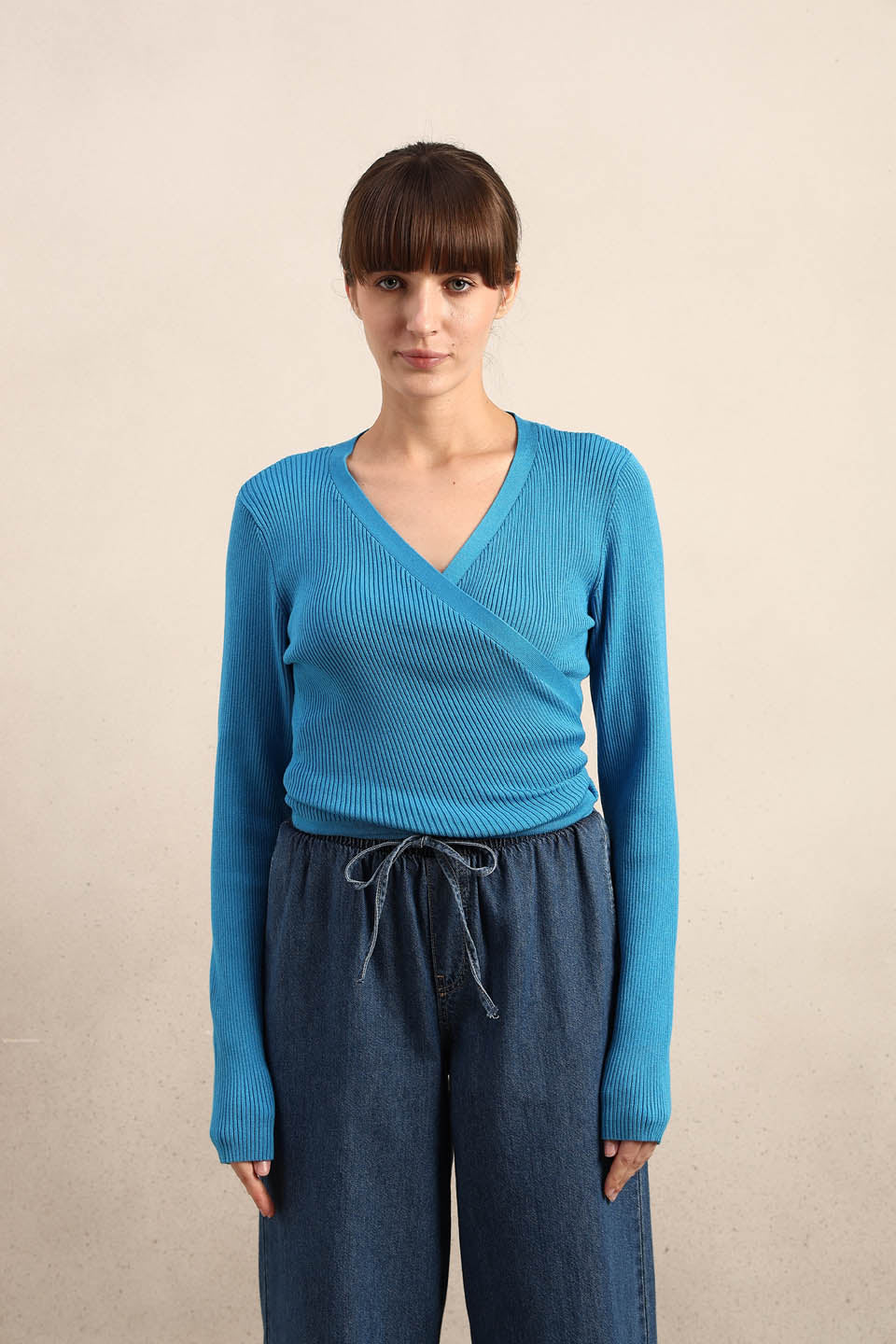 Blue Ribbed Wrap Knit Cardigan