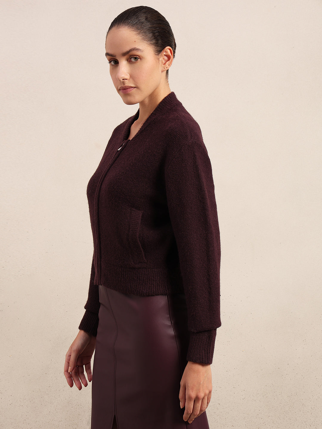Zip-Up O-Neck Cardigan - Maroon