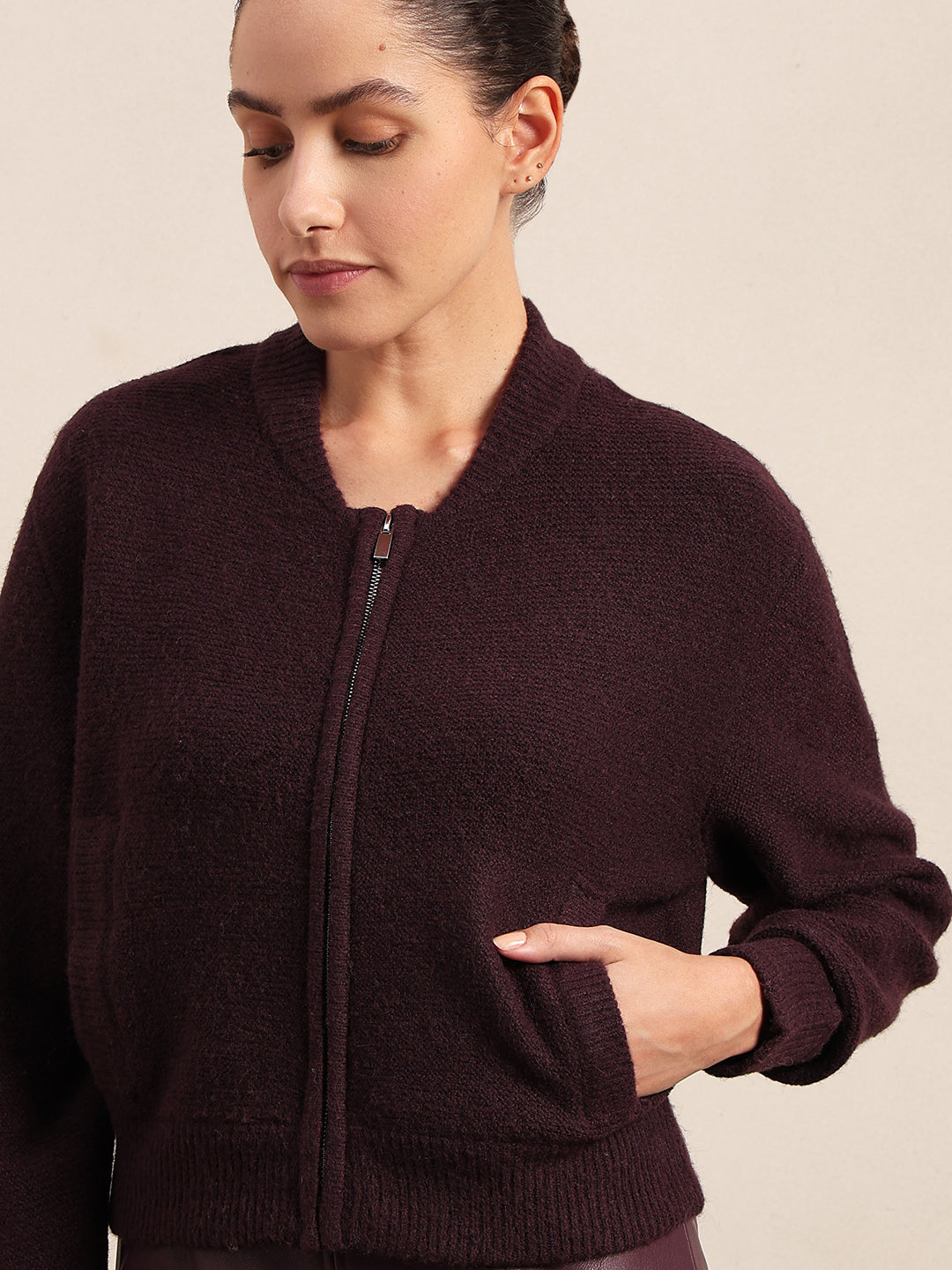 Zip-Up O-Neck Cardigan - Maroon