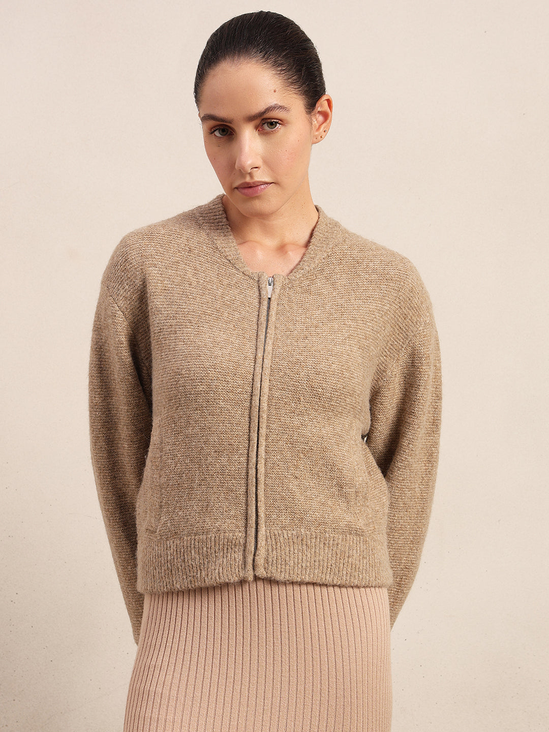 Zip-Up O-Neck Cardigan - Beige