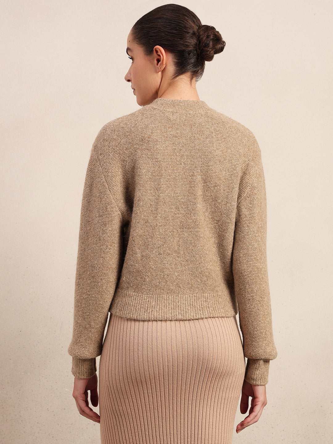 Zip-Up O-Neck Cardigan - Beige