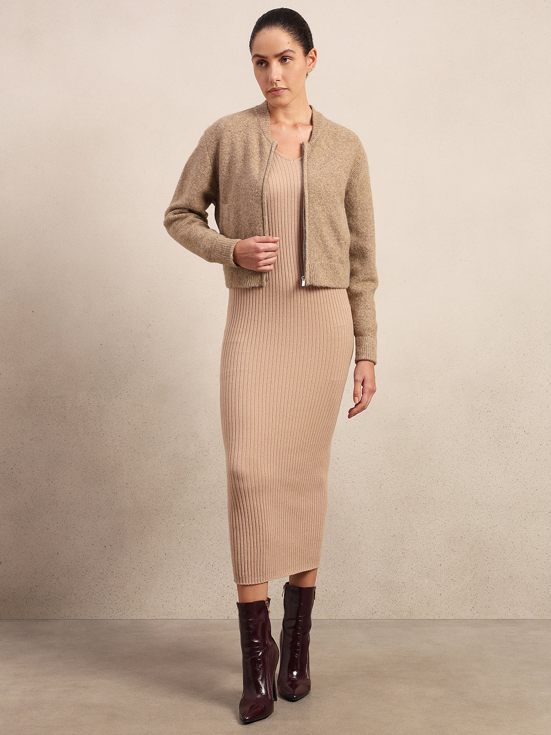 Zip-Up O-Neck Cardigan - Beige