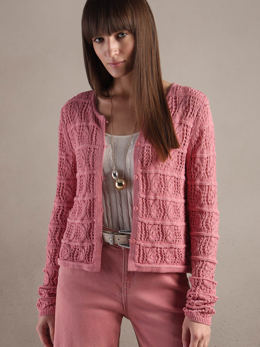 Pink Crochet Knitted Cardigan
