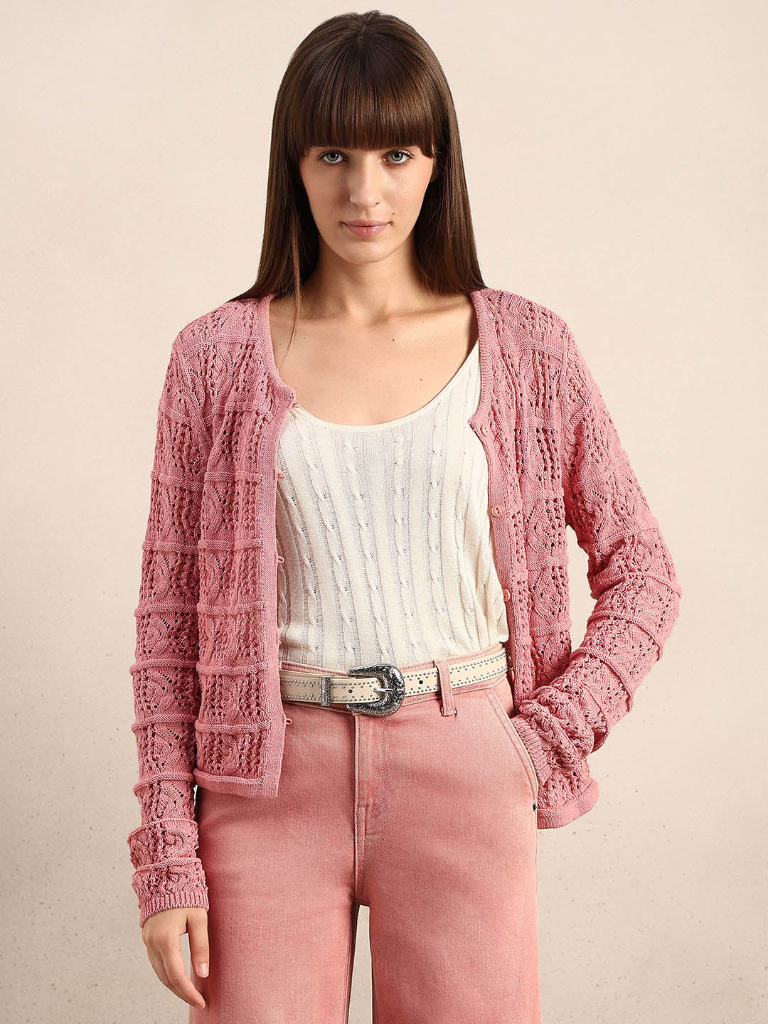 Pink Crochet Knitted Cardigan