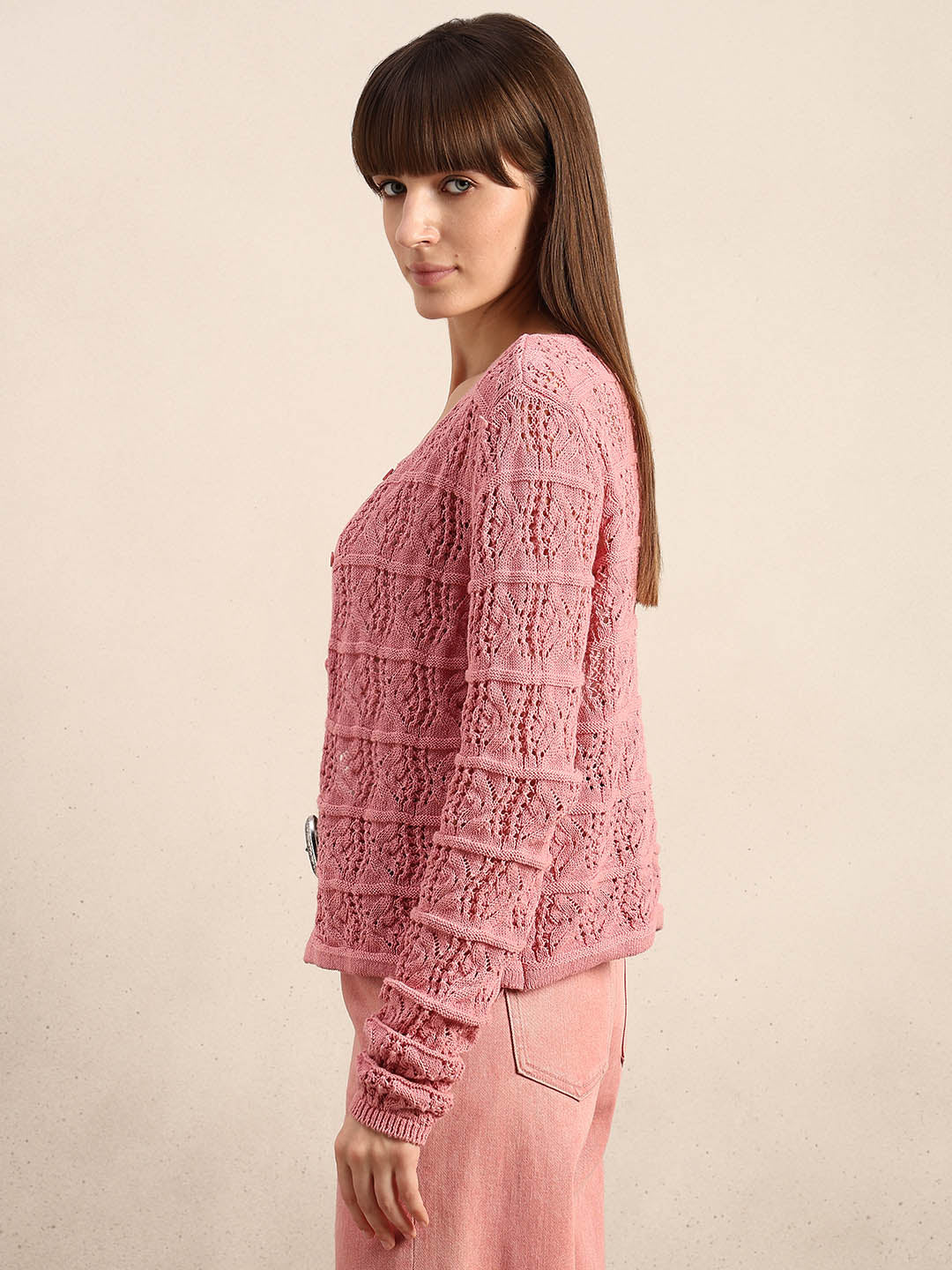 Pink Crochet Knitted Cardigan
