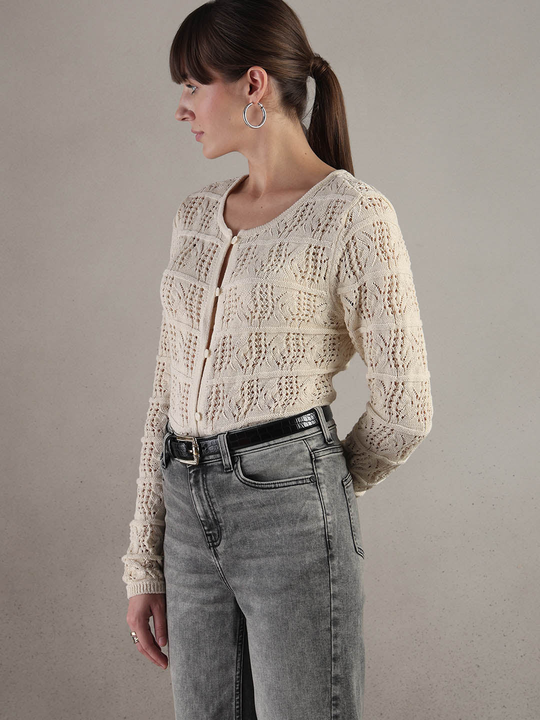Cream Crochet Knit Cardigan