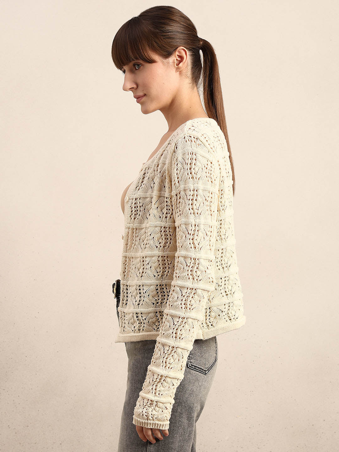 Cream Crochet Knit Cardigan