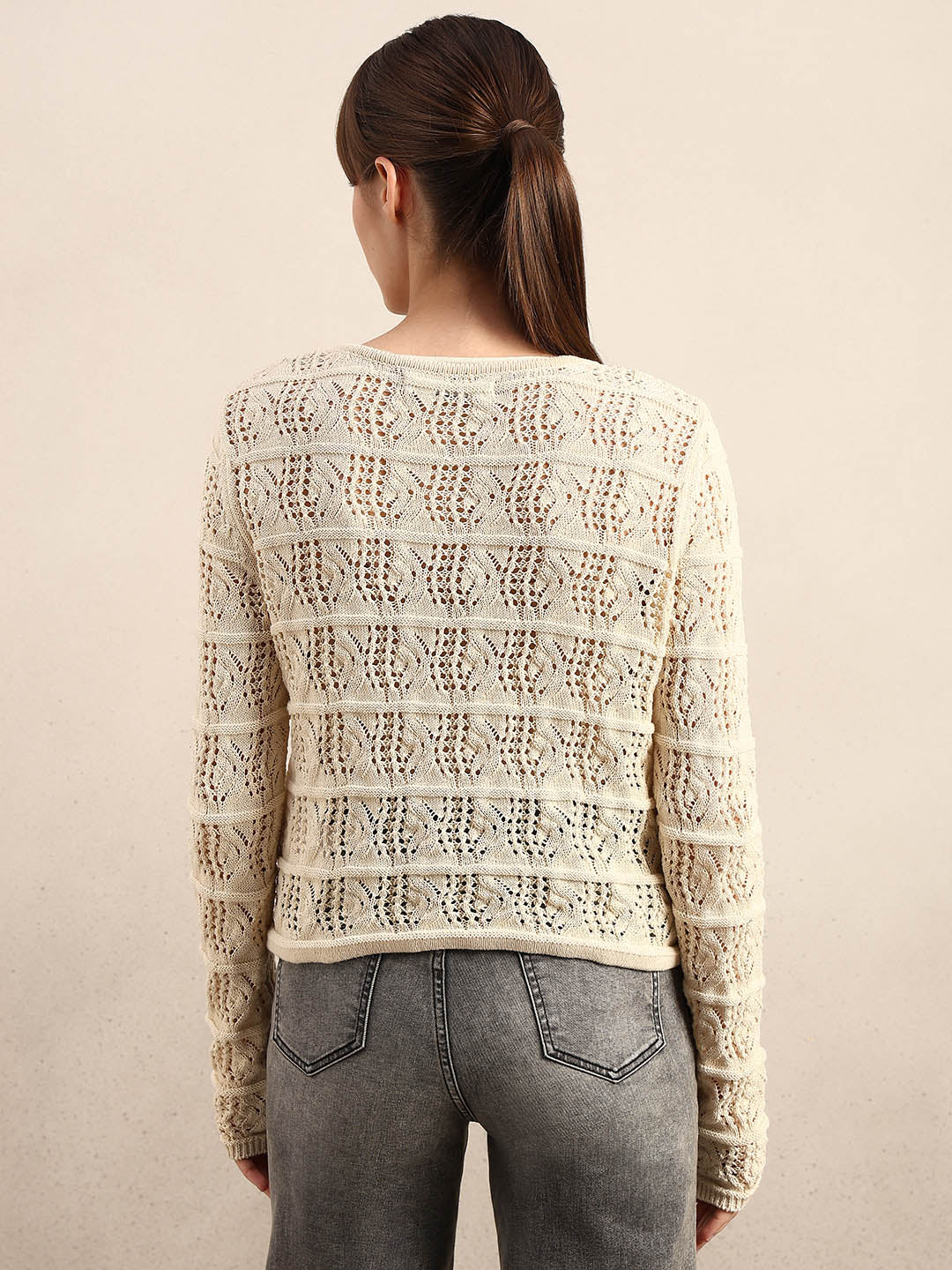 Cream Crochet Knit Cardigan