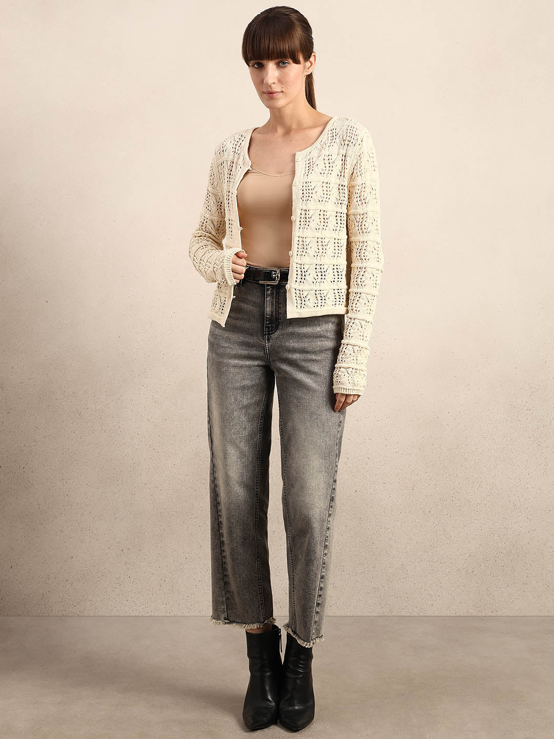 Cream Crochet Knit Cardigan