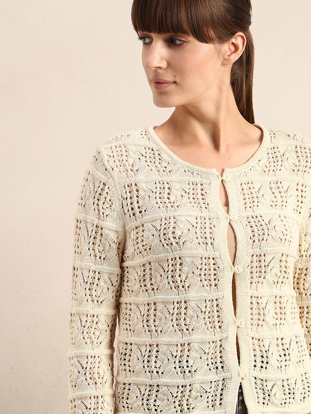Cream Crochet Knit Cardigan