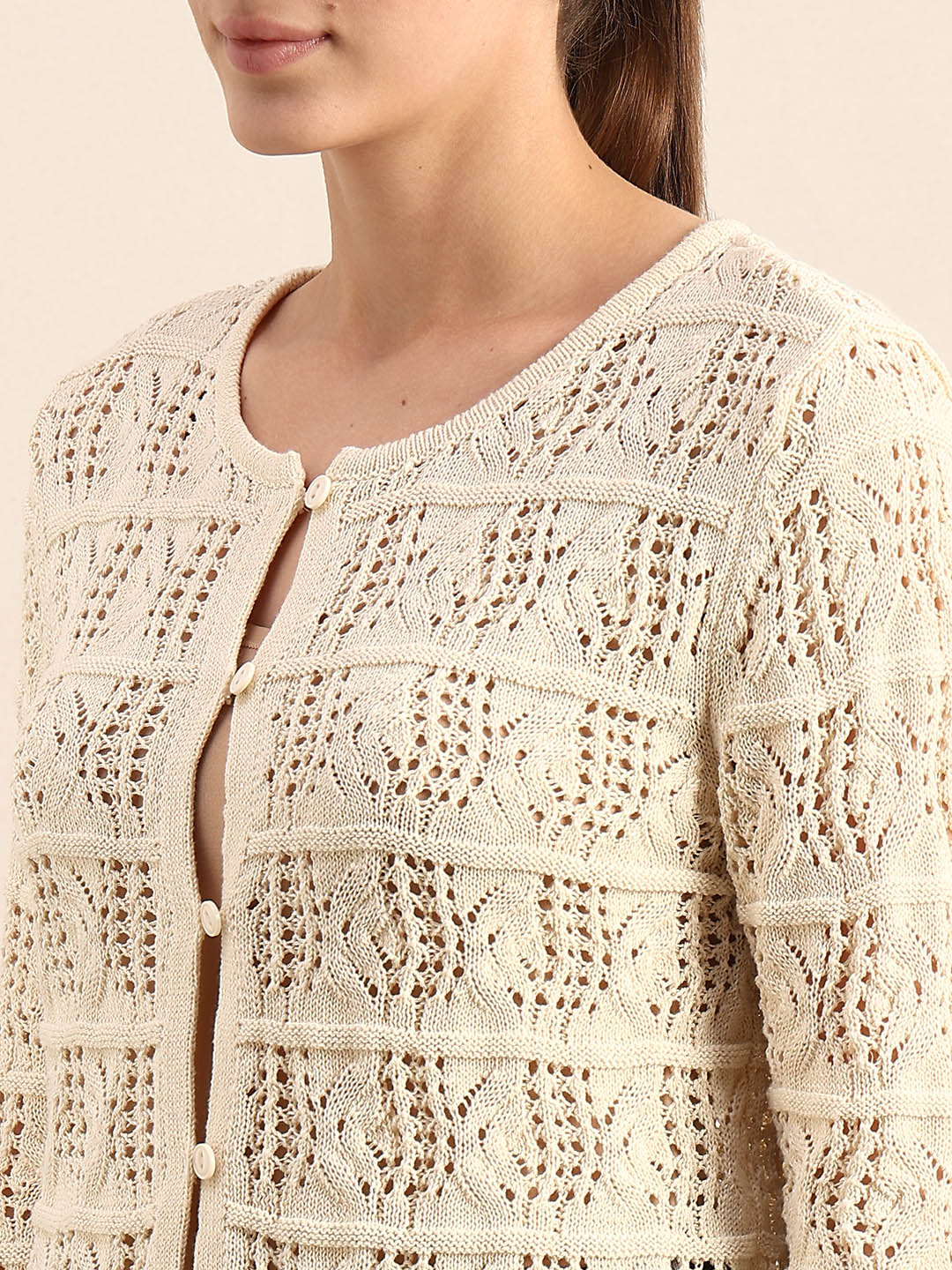 Cream Crochet Knit Cardigan