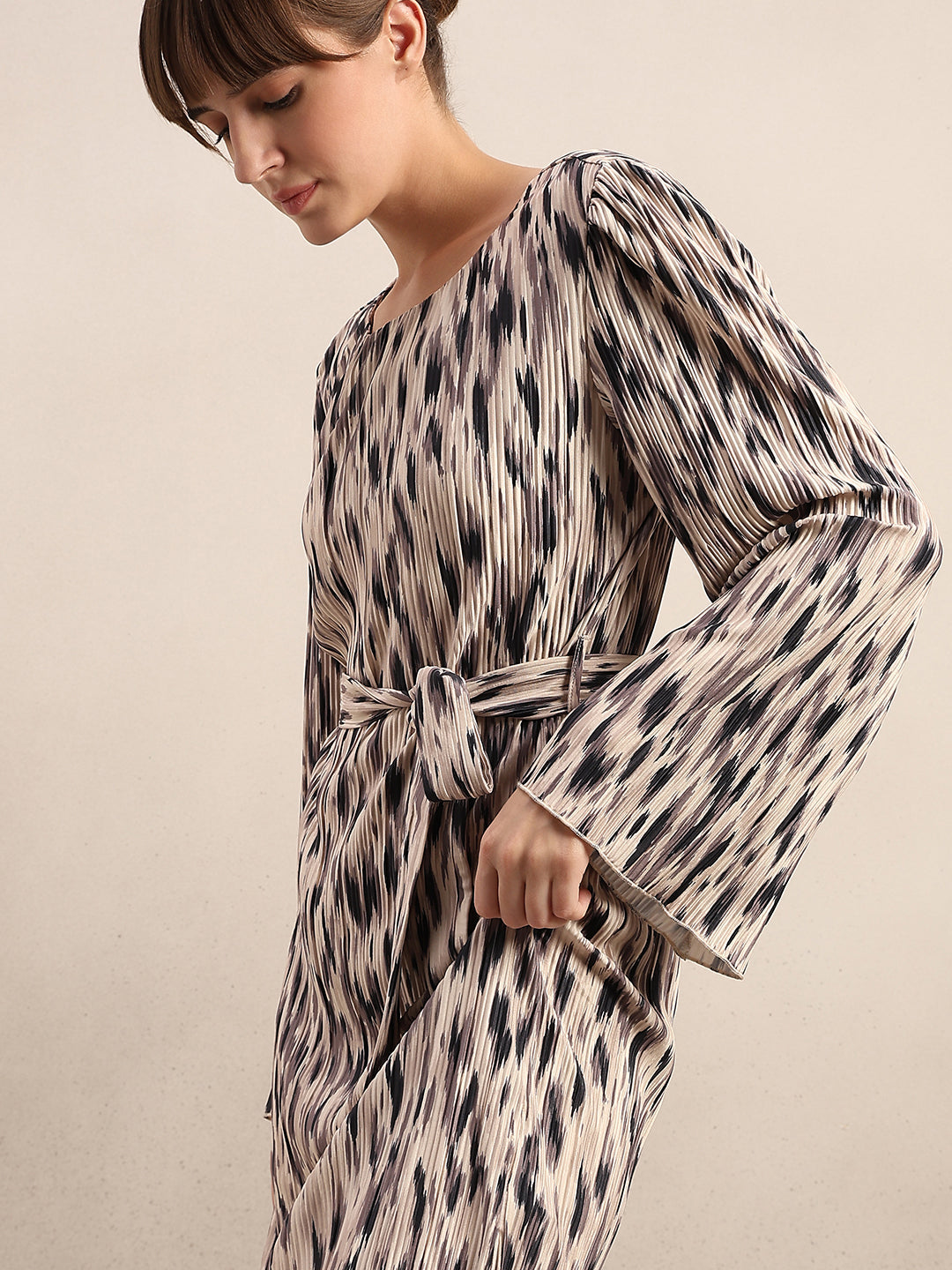 Beige Printed Belted Dress