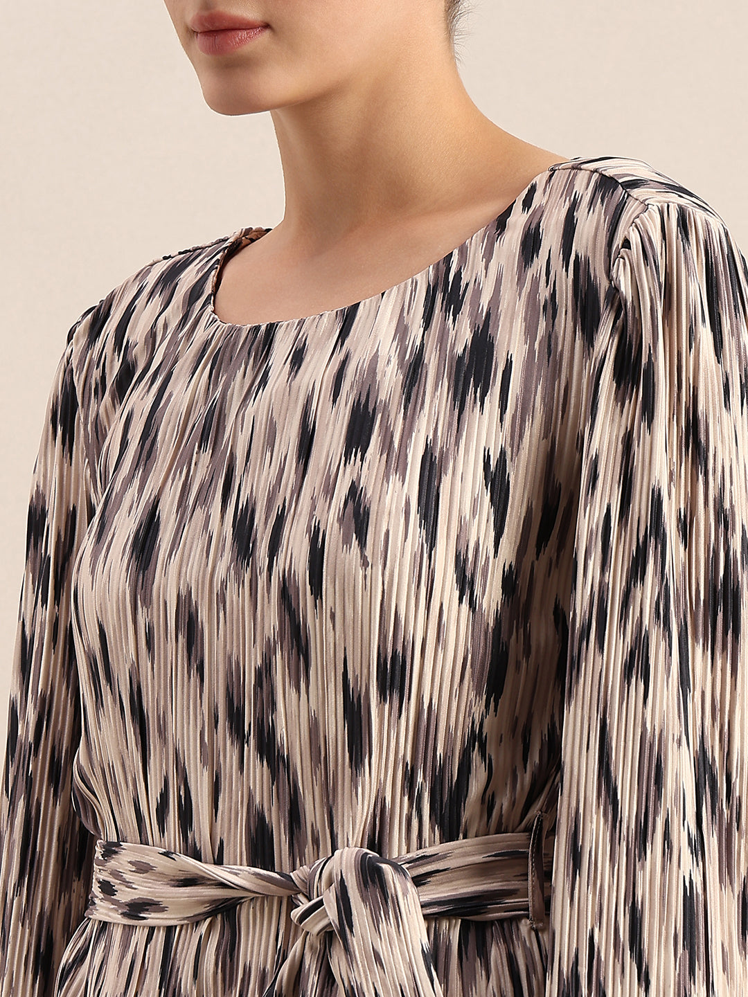 Beige Printed Belted Dress