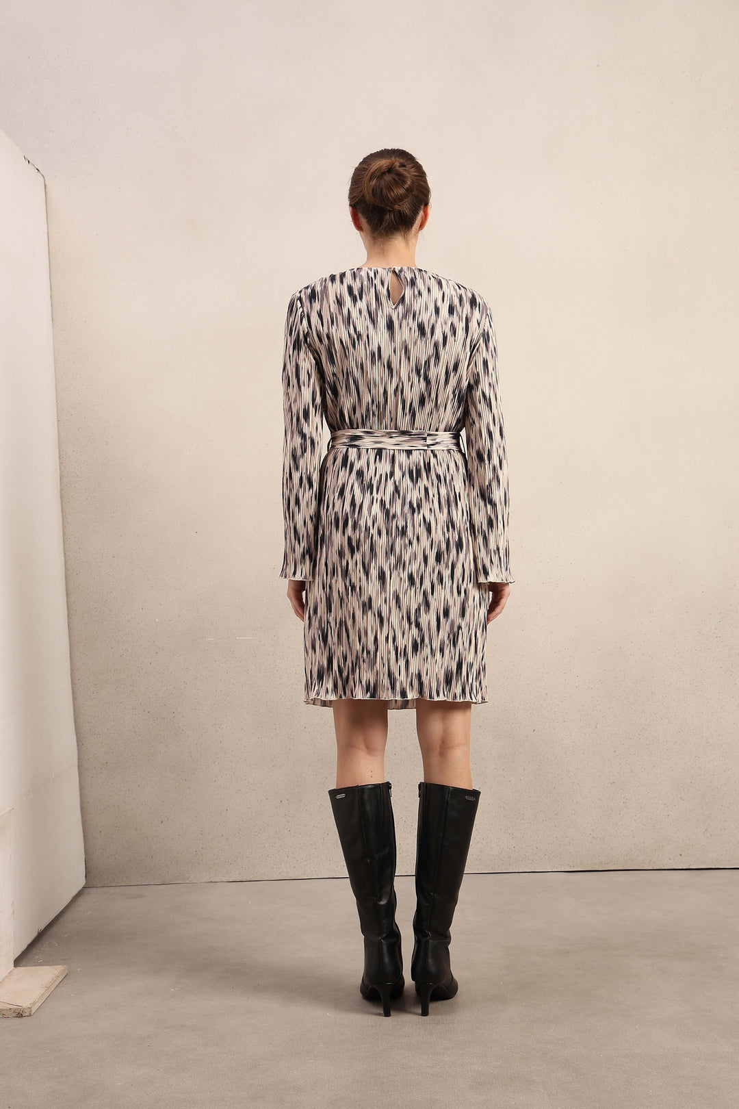 Beige Printed Belted Dress