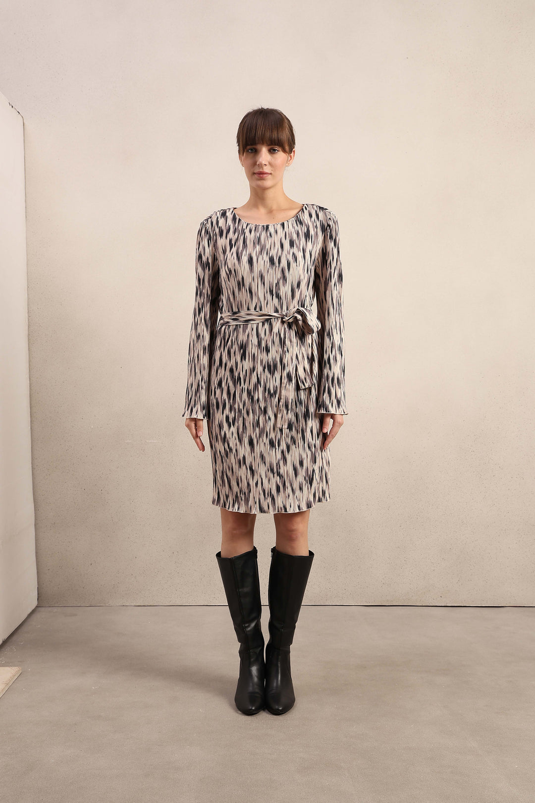 Beige Printed Belted Dress