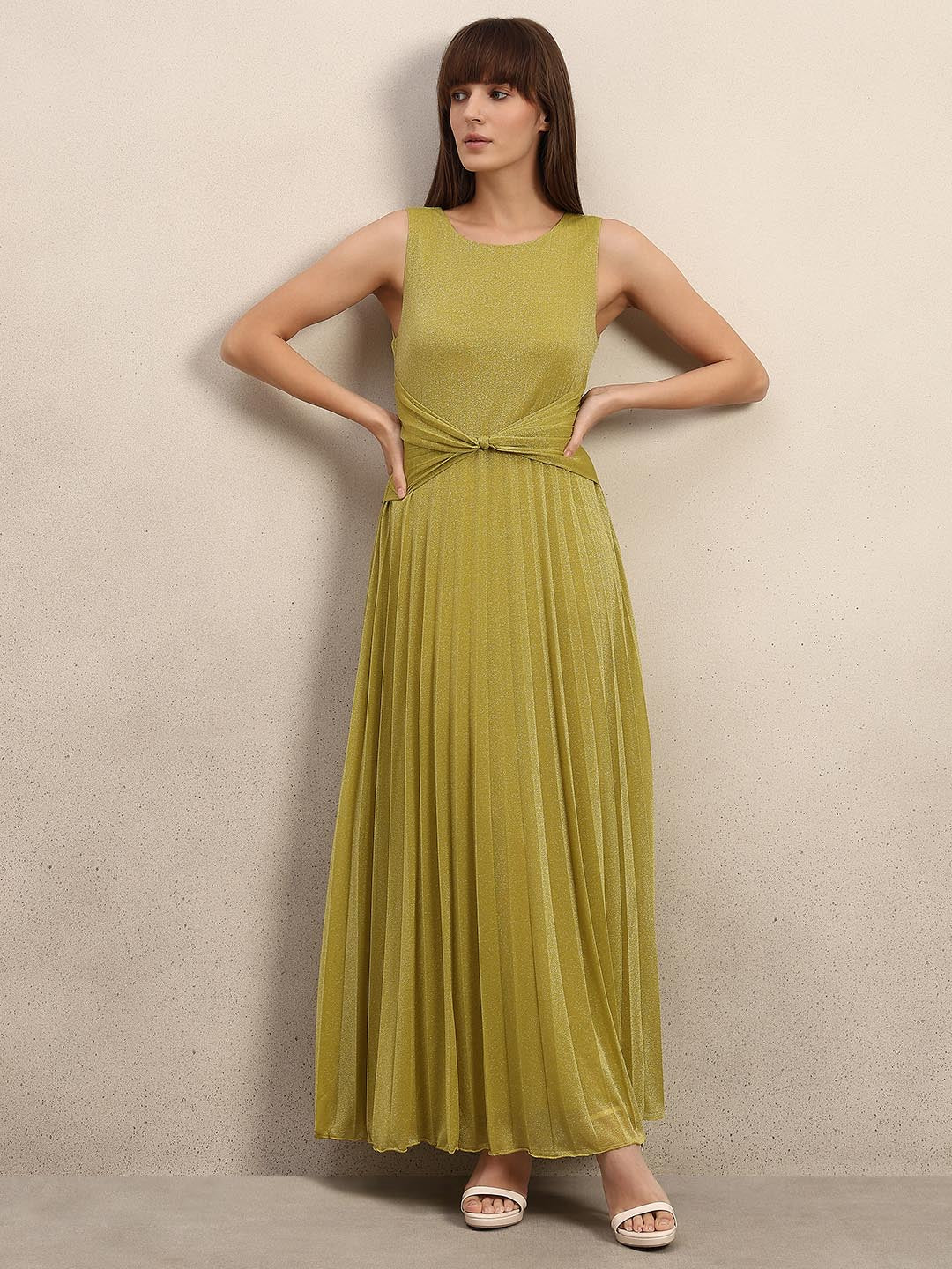 Yellow Shimmer Pleated Dress