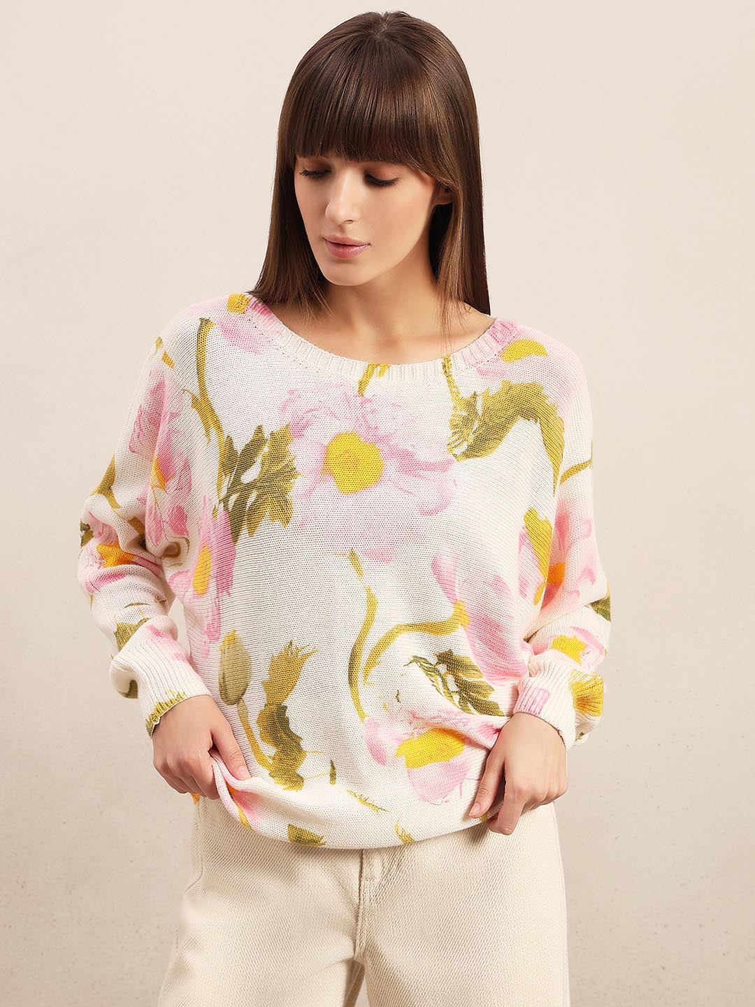 White Floral Print Pullover