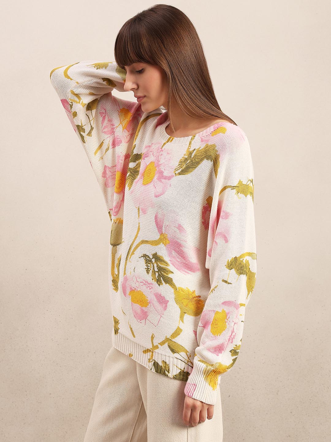 White Floral Print Pullover