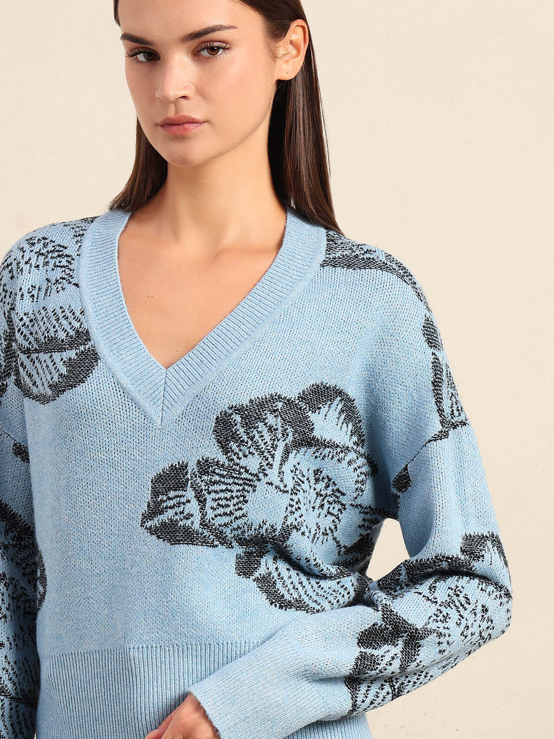 Light Blue Floral V-Neck Sweater