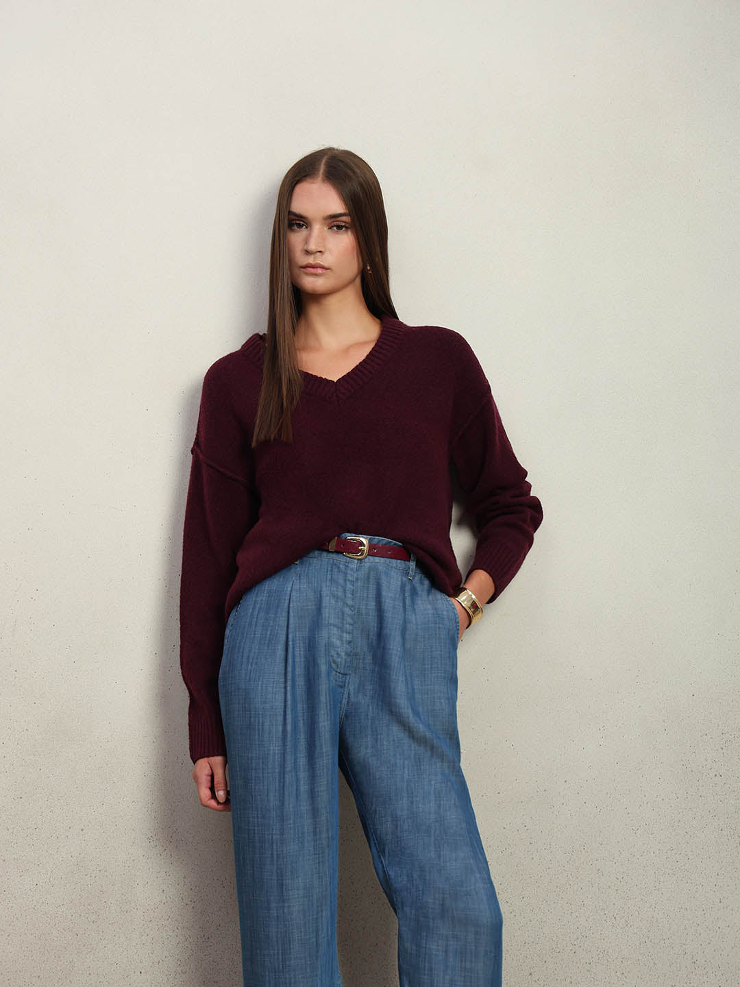 Deep Maroon V-Neck Pullover