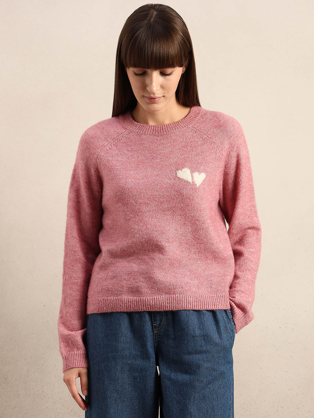 Heart Print O-Neck Pullover
