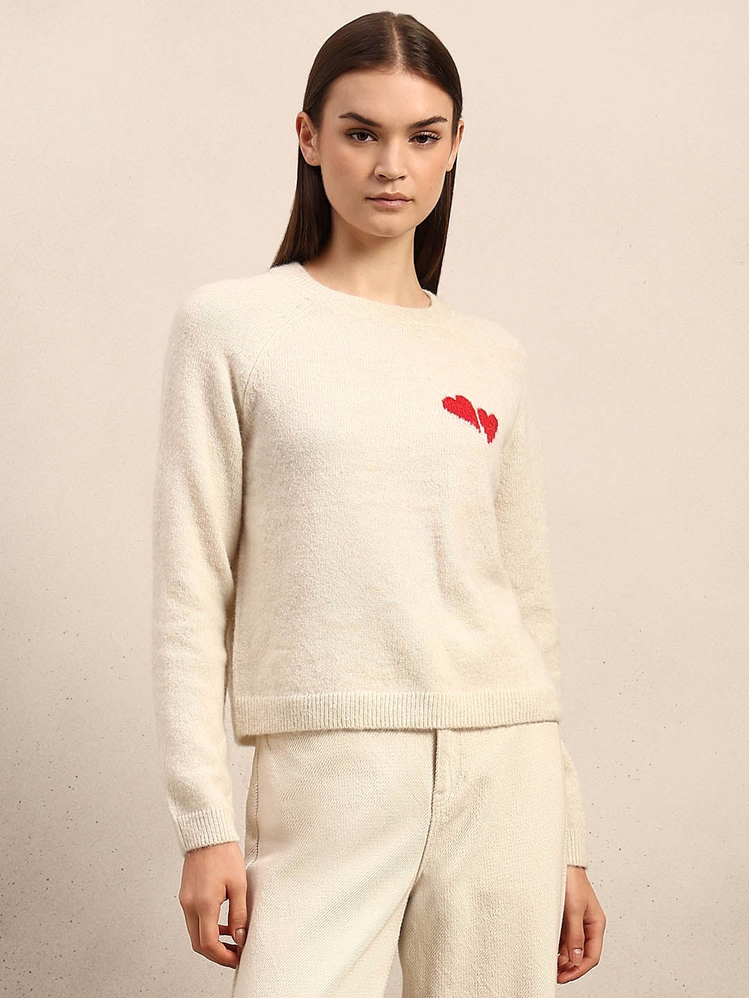Heart Print O-Neck Pullover - Cream