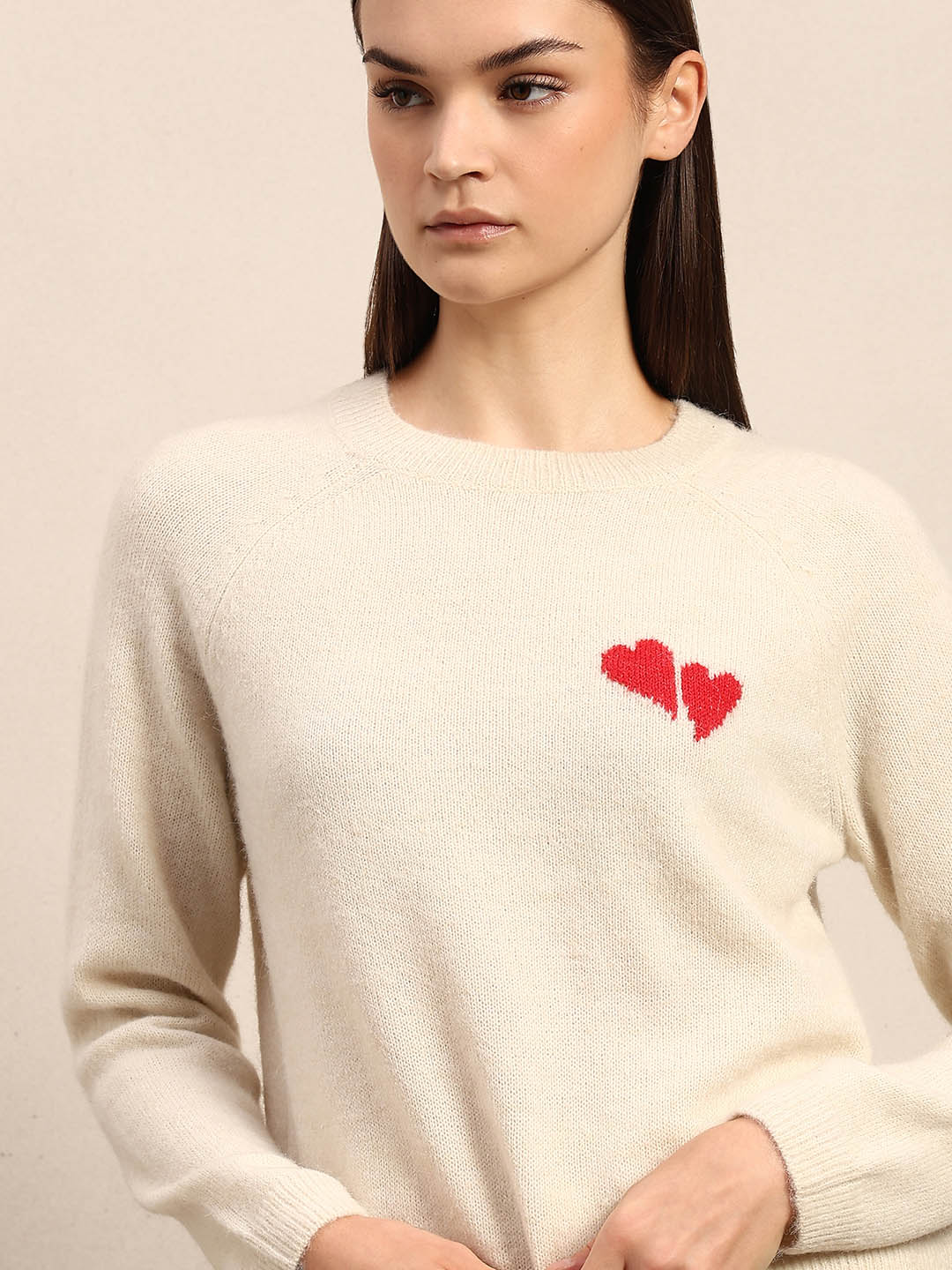Heart Print O-Neck Pullover - Cream