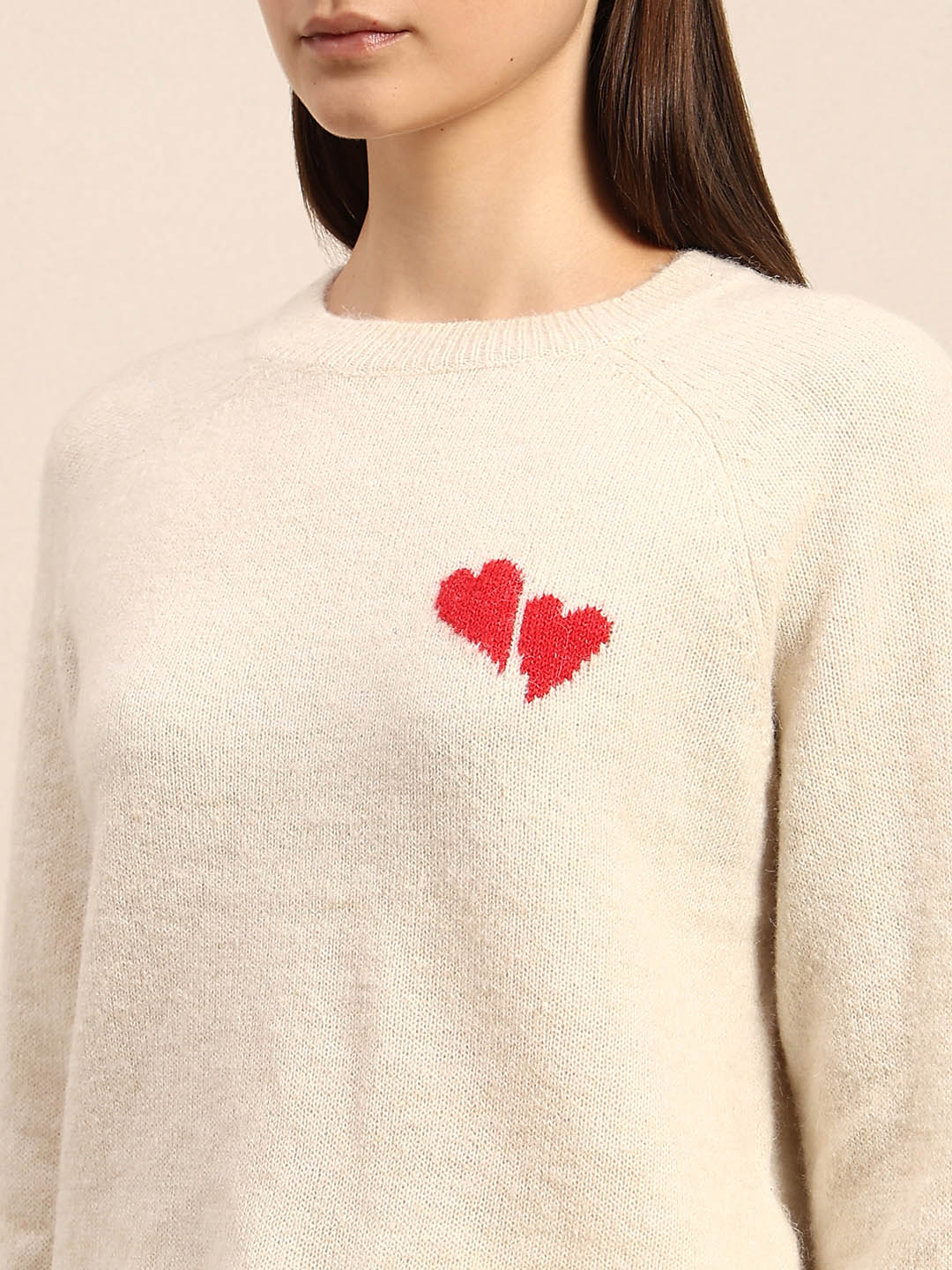 Heart Print O-Neck Pullover - Cream