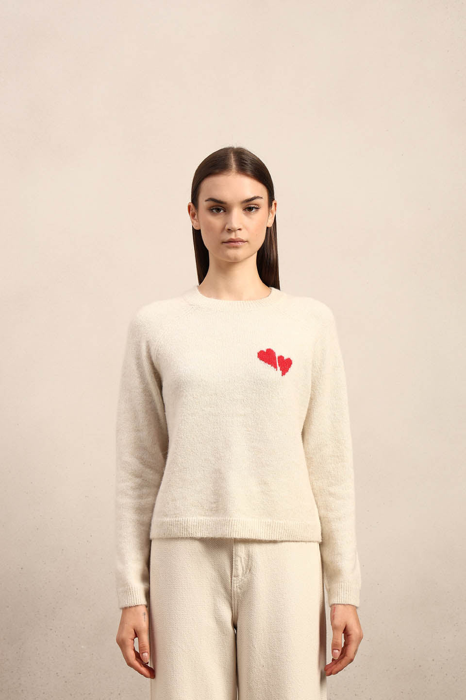 Heart Print O-Neck Pullover - Cream