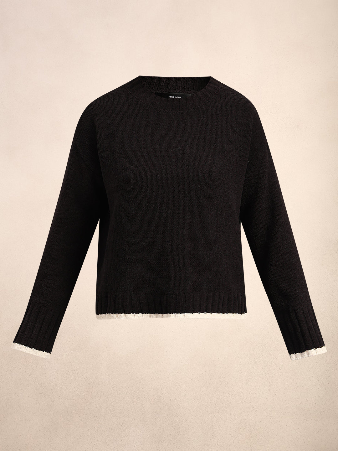 O-Neck Contrast Hem Pullover - Black