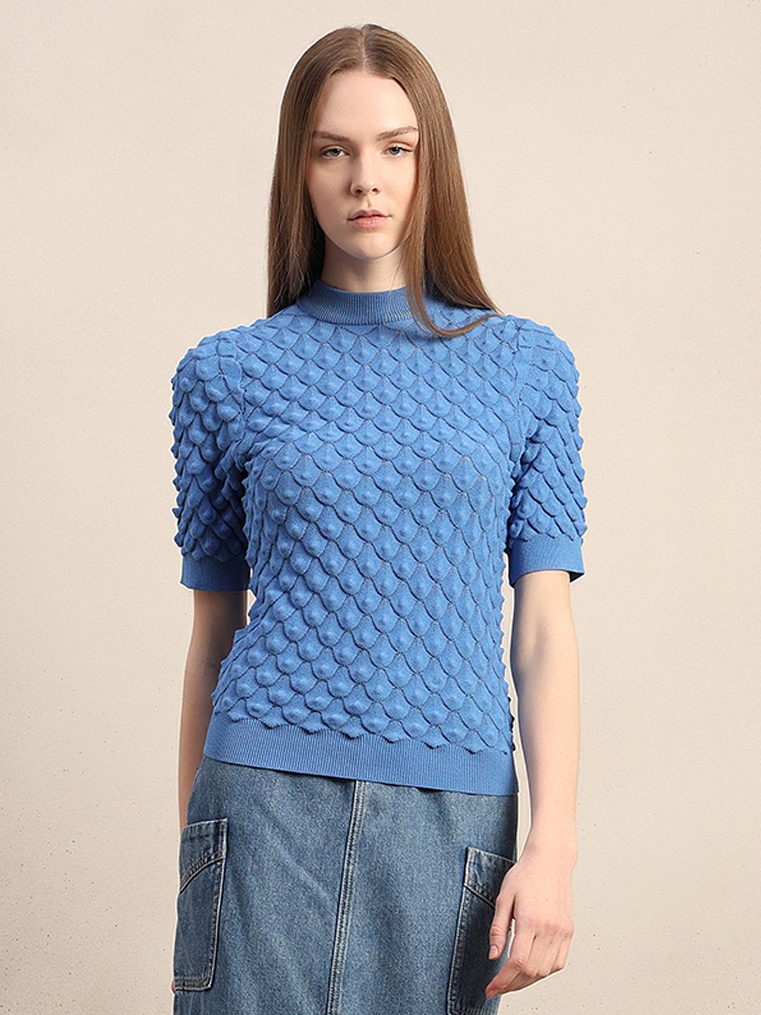 Blue Textured Knitted Top