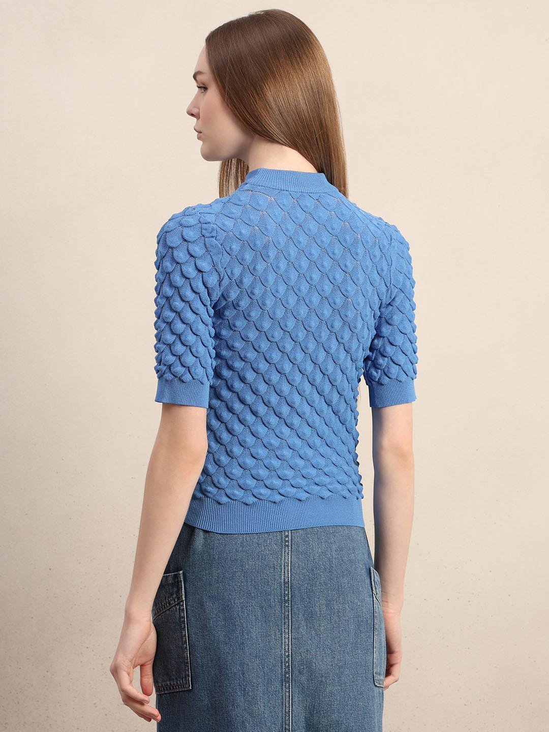 Blue Textured Knitted Top