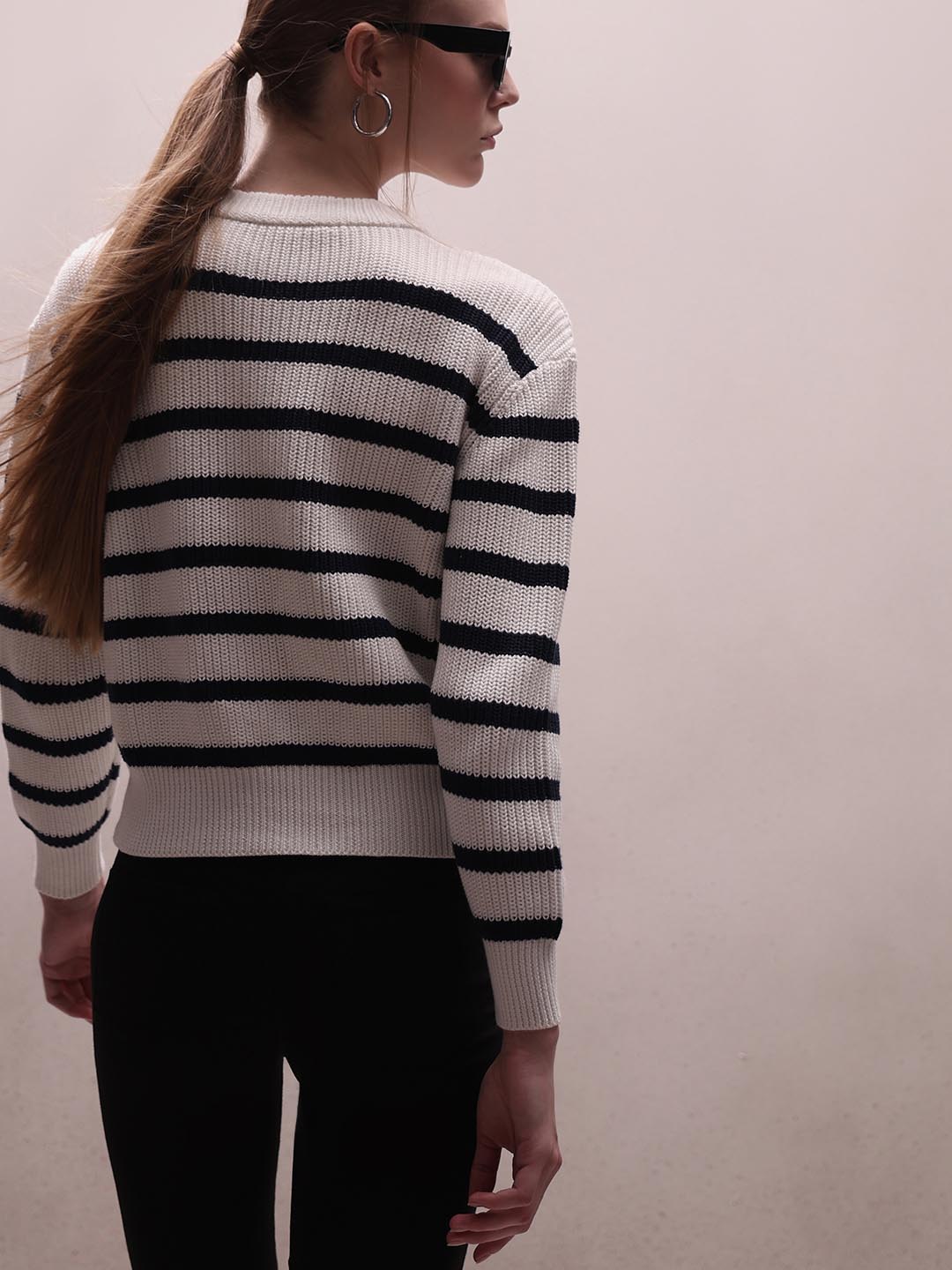 Ecru Striped O-Neck Pullover