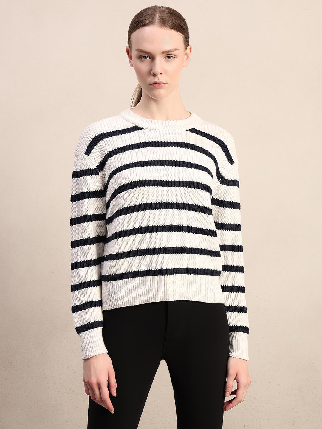Ecru Striped O-Neck Pullover