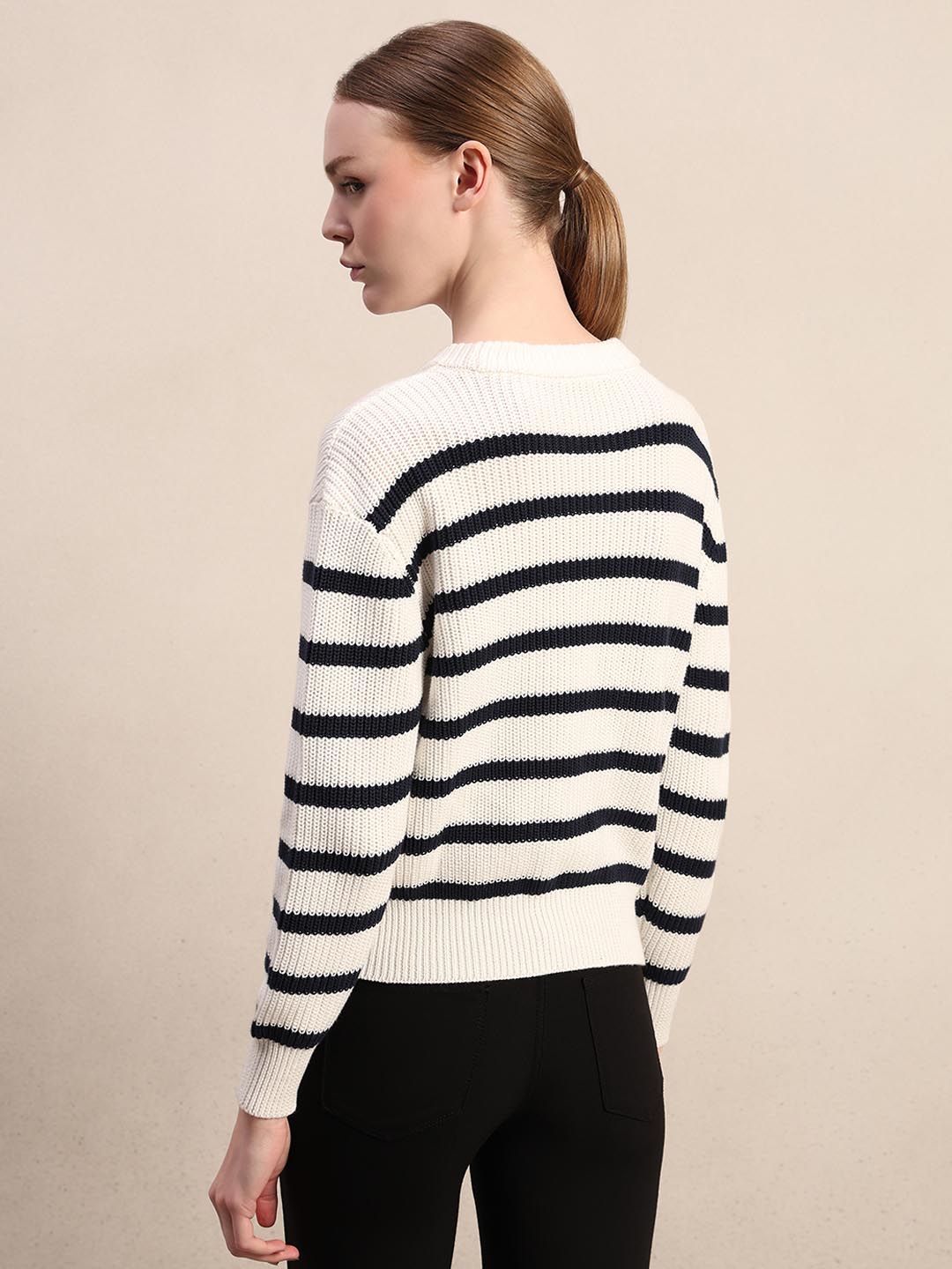 Ecru Striped O-Neck Pullover