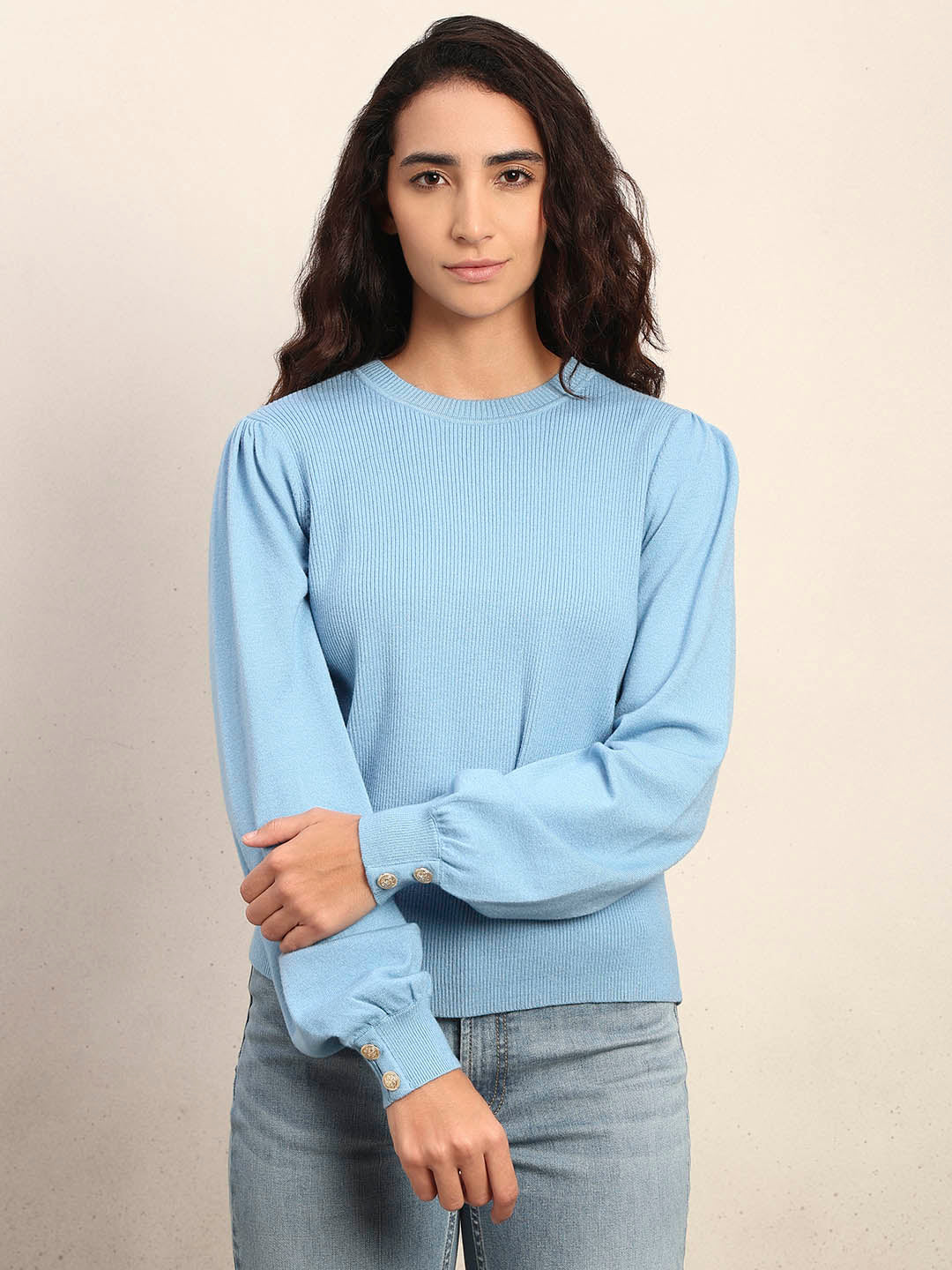 Ribbed Knit O-Neck Pullover - Light Blue