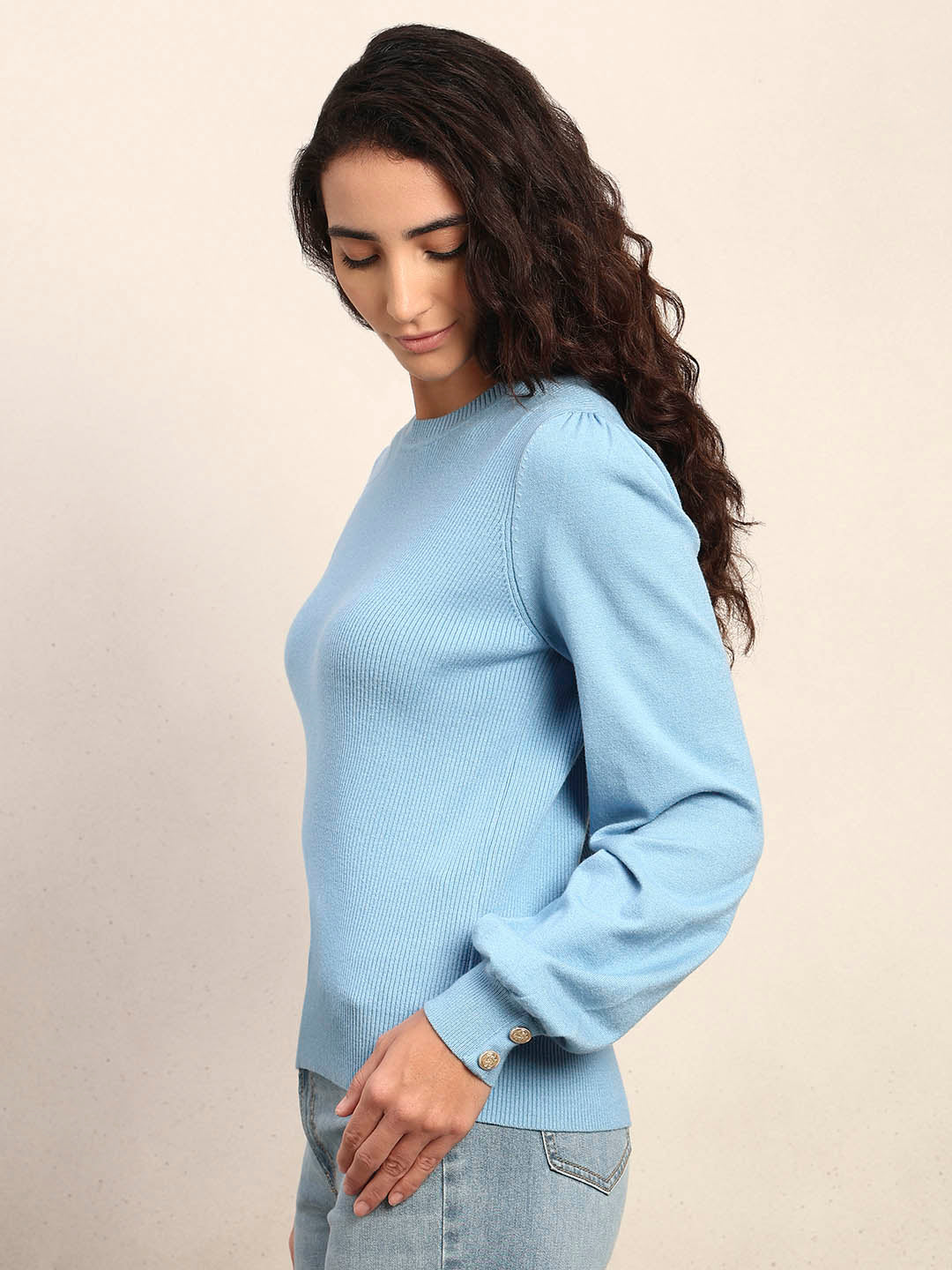 Ribbed Knit O-Neck Pullover - Light Blue
