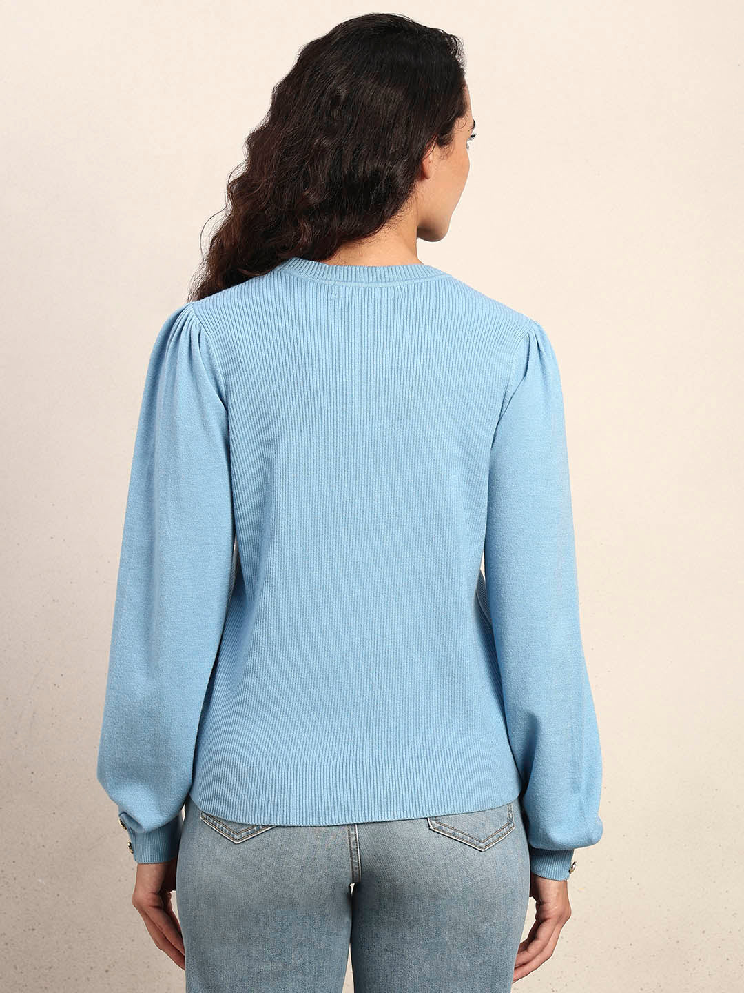 Ribbed Knit O-Neck Pullover - Light Blue