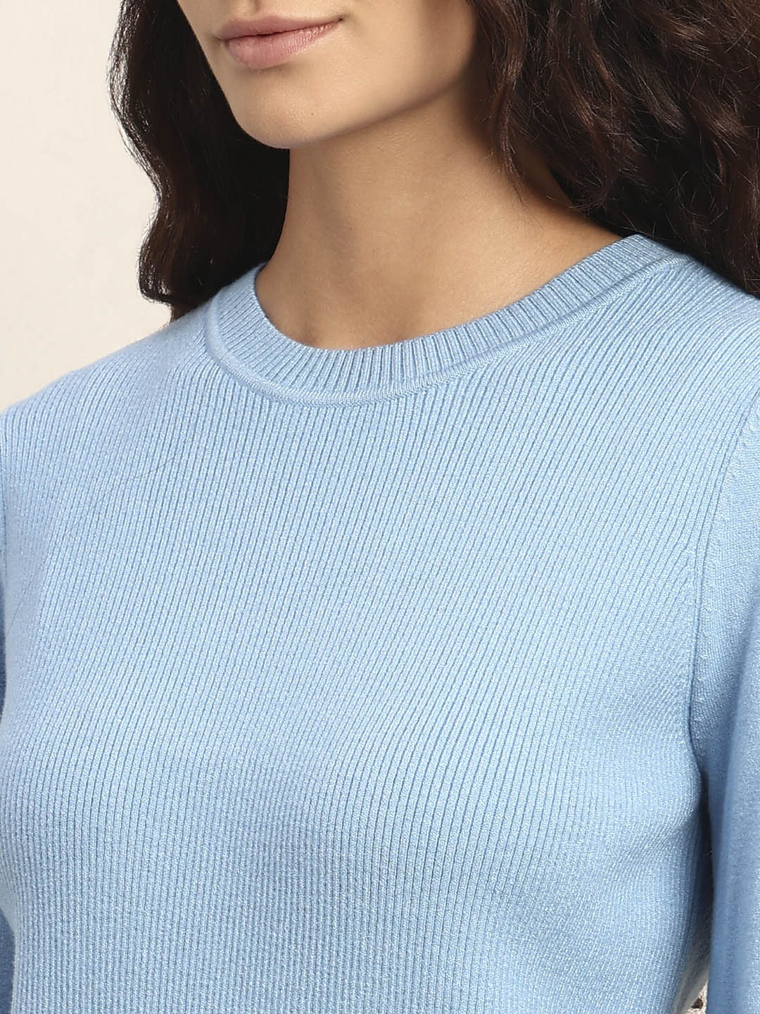 Ribbed Knit O-Neck Pullover - Light Blue