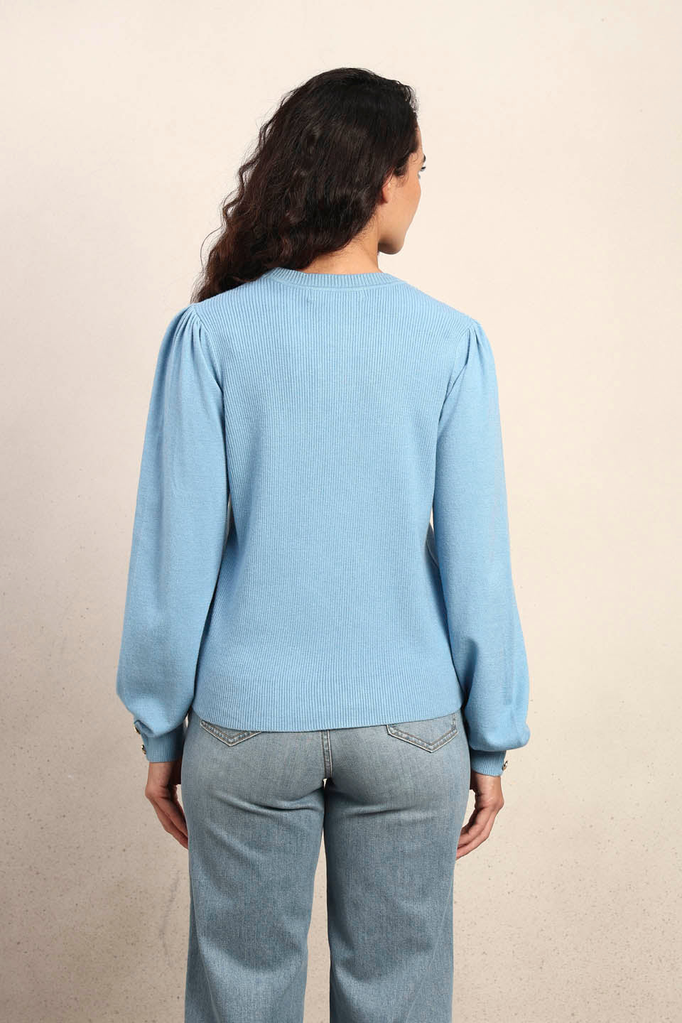Ribbed Knit O-Neck Pullover - Light Blue
