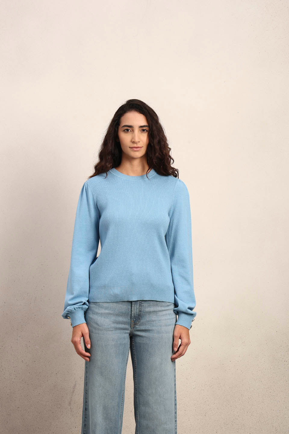 Ribbed Knit O-Neck Pullover - Light Blue